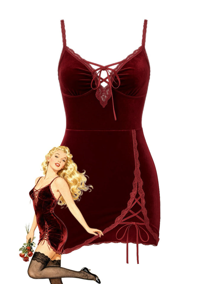 Deep Red Lace-Up Velvet Strap Nightgown - vintage nightgown, retro sleepwear, elegant red