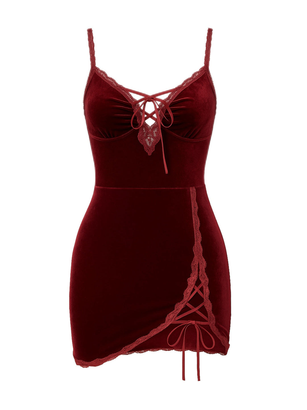 Deep Red Lace-Up Velvet Strap Nightgown - vintage nightgown, retro sleepwear, elegant red