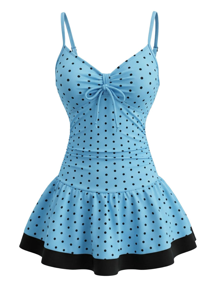 Deep Sky Blue Polka Dot One Piece Swimsuit, vintage swimsuit, swimwear - perfect for women who love vintage and retro fashion