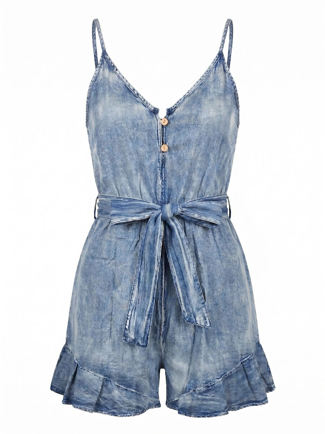 Denim-1950s-Vintage-Buttoned-Tie-Waist-Ruffle-Romper, vintage, retro, romper