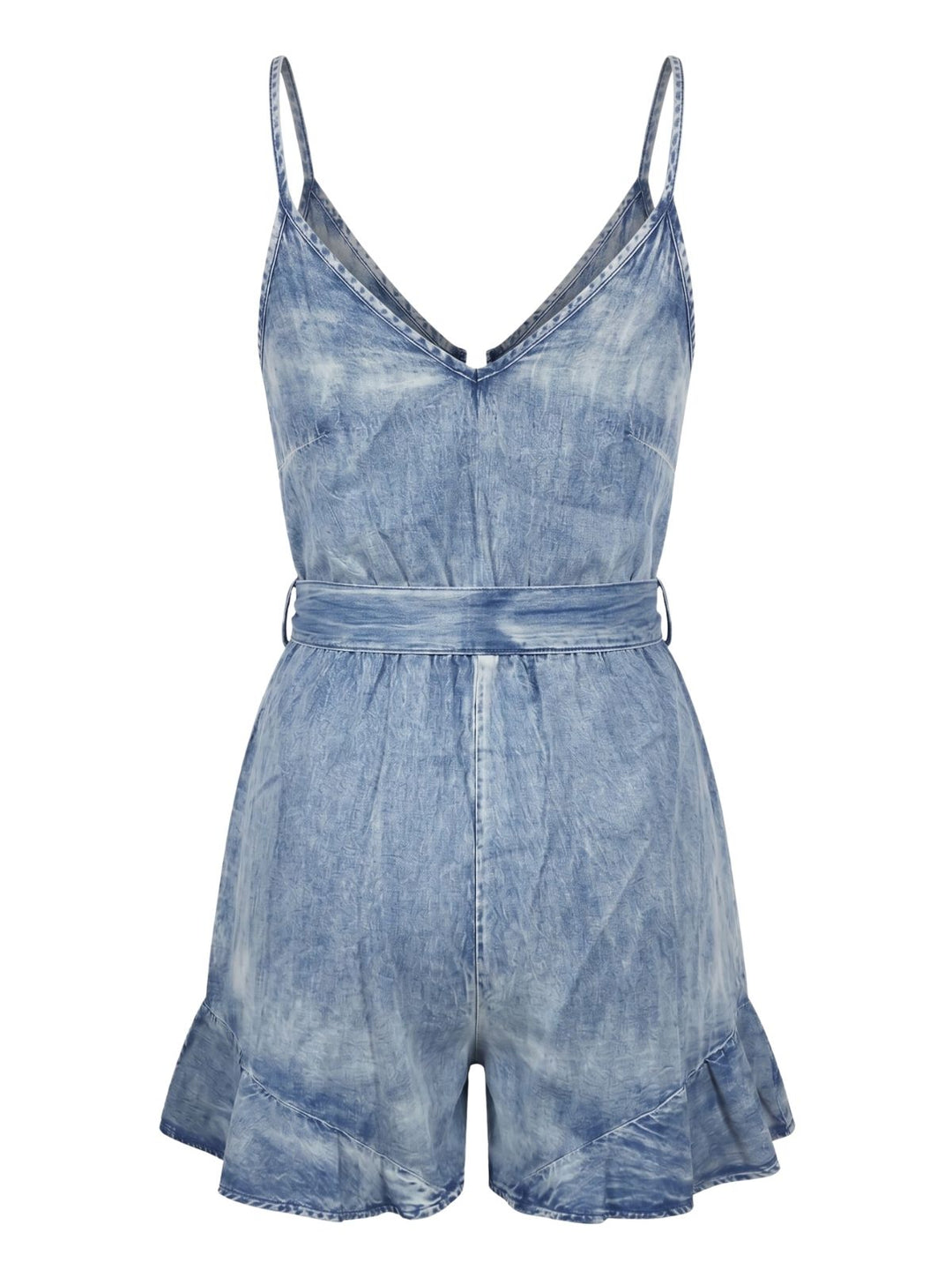 Denim-1950s-Vintage-Buttoned-Tie-Waist-Ruffle-Romper, vintage, retro, romper
