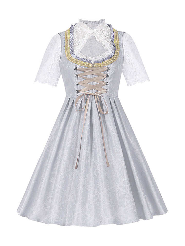 3PCS Gray 1950s Ethnic Floral Lace Top &amp; Lace-Up Dress - vintage dress, retro fashion, rockabilly