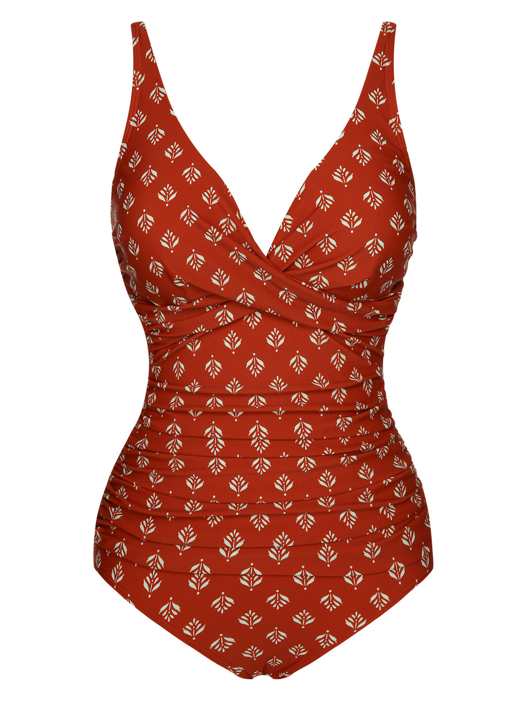 Fire Brick Red 1940s Leaves V-Neck Swimsuit, vintage swimsuit, pin-up swimwear - perfect for women who love vintage and retro fashion