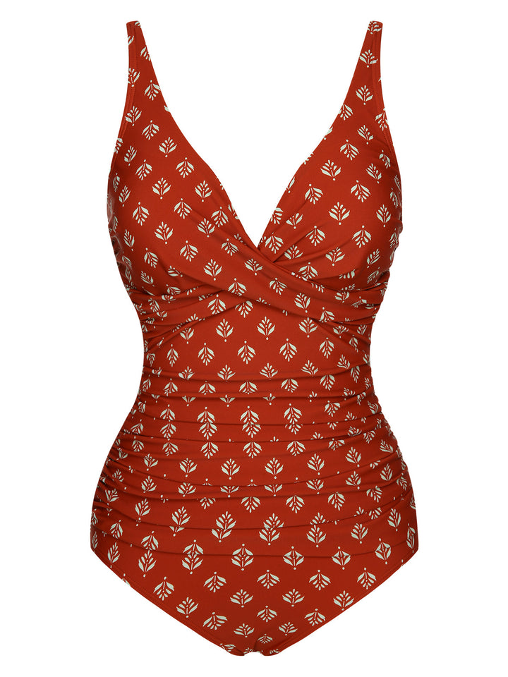 Fire Brick Red 1940s Leaves V-Neck Swimsuit, vintage swimsuit, pin-up swimwear - perfect for women who love vintage and retro fashion