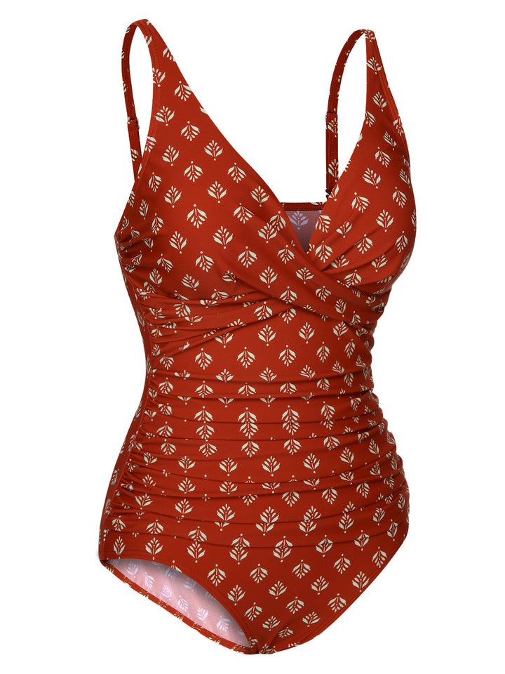 Fire Brick Red 1940s Leaves V-Neck Swimsuit, vintage swimsuit, pin-up swimwear - perfect for women who love vintage and retro fashion