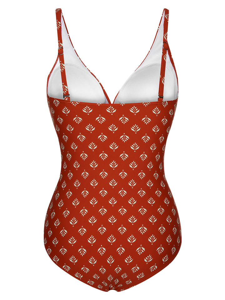 Fire Brick Red 1940s Leaves V-Neck Swimsuit, vintage swimsuit, pin-up swimwear - perfect for women who love vintage and retro fashion