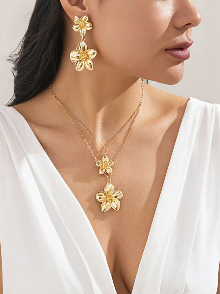 Floral Double Clavicle Necklace &amp; Earrings Set - vintage fashion, retro style