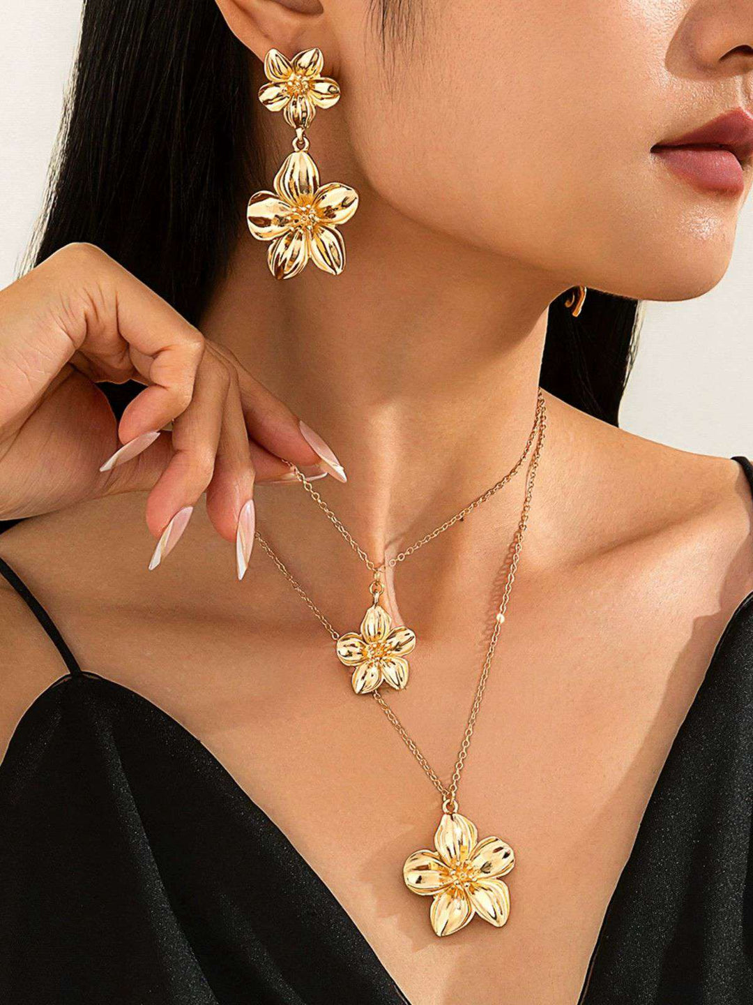 Floral Double Clavicle Necklace &amp; Earrings Set - vintage fashion, retro style