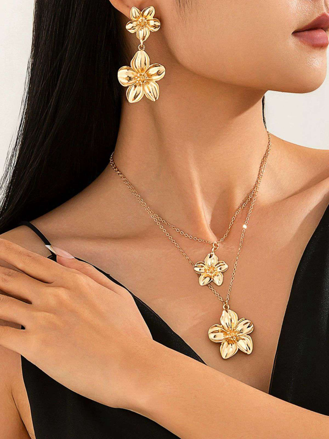 Floral Double Clavicle Necklace &amp; Earrings Set - vintage fashion, retro style