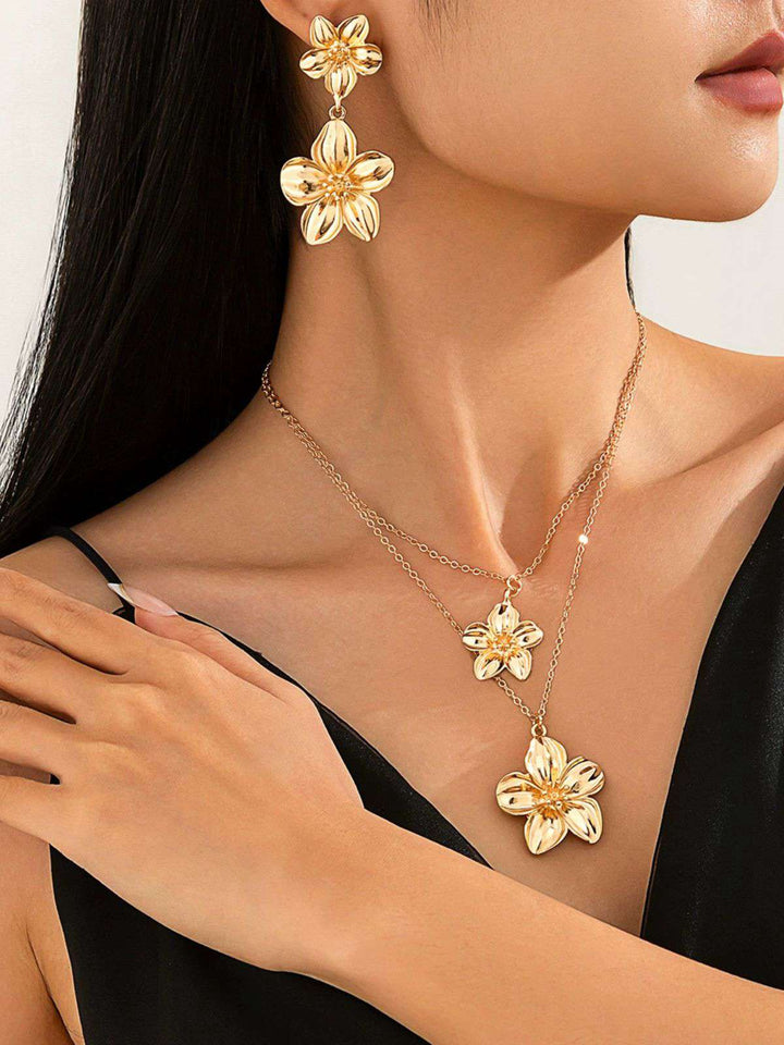 Floral Double Clavicle Necklace &amp; Earrings Set - vintage fashion, retro style