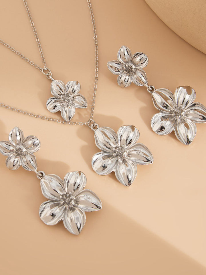 Floral Double Clavicle Necklace &amp; Earrings Set - vintage fashion, retro style