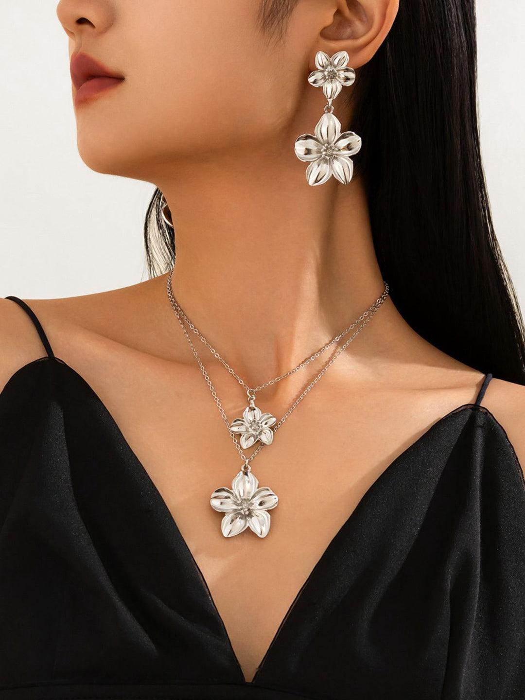 Floral Double Clavicle Necklace &amp; Earrings Set - vintage fashion, retro style