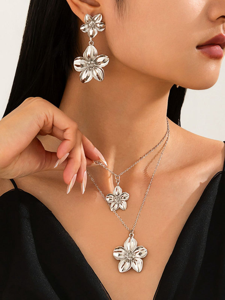 Floral Double Clavicle Necklace &amp; Earrings Set - vintage fashion, retro style