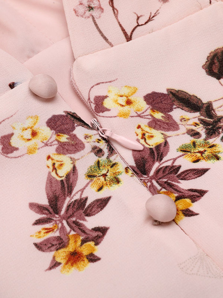 Close-up: vintage Pink Flowers And Birds Bowknot V-Neck Dress, perfect for vintage themed parties and retro fashion enthusiasts