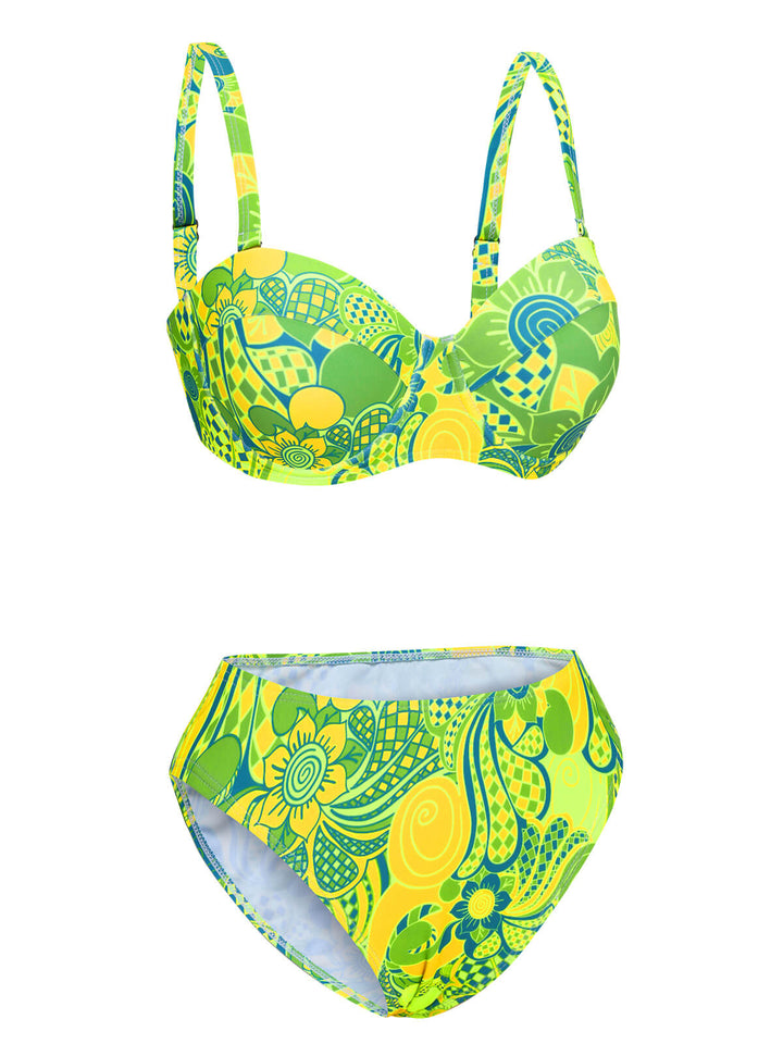 Fluorescent Green 1980s Floral Bikini Set, vintage swimsuit, pin-up swimwear - perfect for women who love vintage and retro fashion