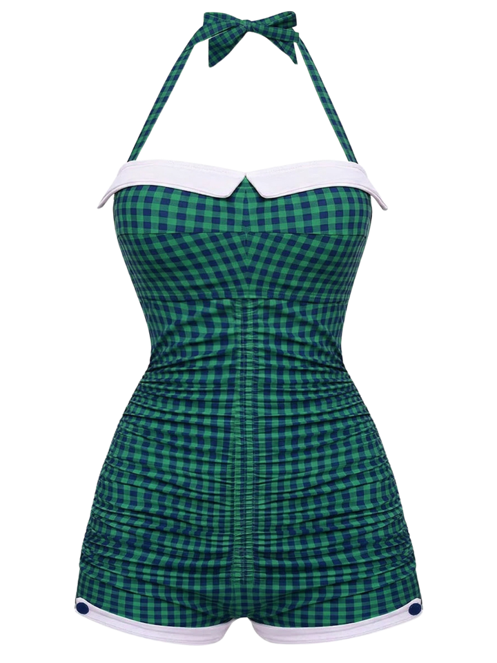 Gingham 1950s Halter Bowknot One-piece Swimsuit, vintage swimsuit, pin-up swimwear - perfect for women who love vintage and retro fashion
