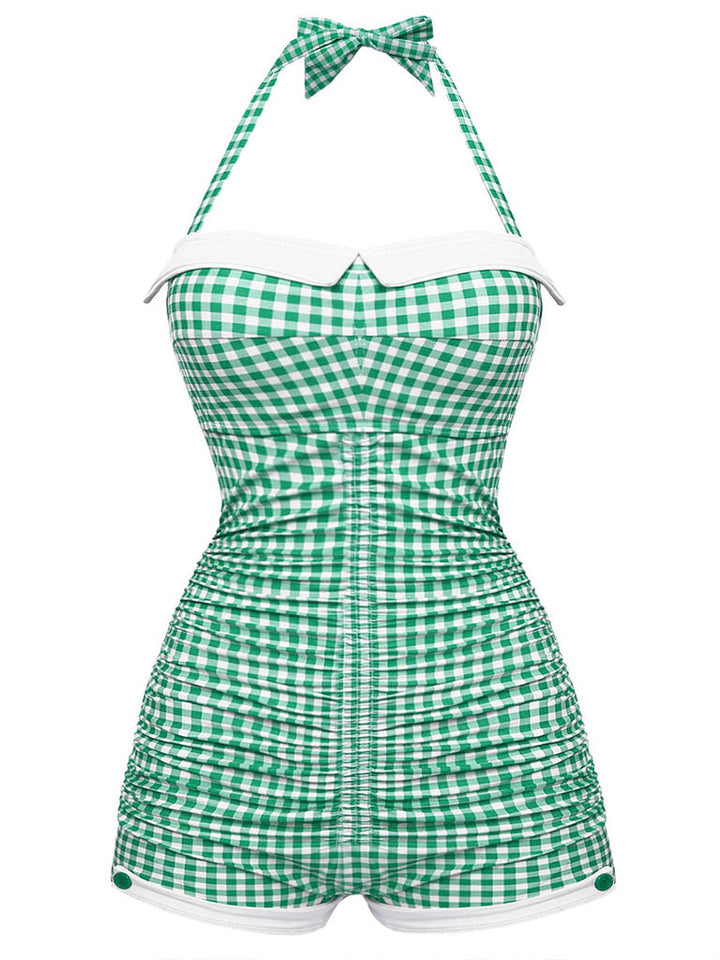 Gingham 1950s Halter Bowknot One-piece Swimsuit: beautiful vintage swimwear, retro swimsuit, pin-up style with timeless appeal