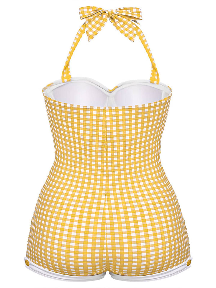 Gingham 1950s Halter Bowknot One-piece Swimsuit — vintage elegance for the modern woman