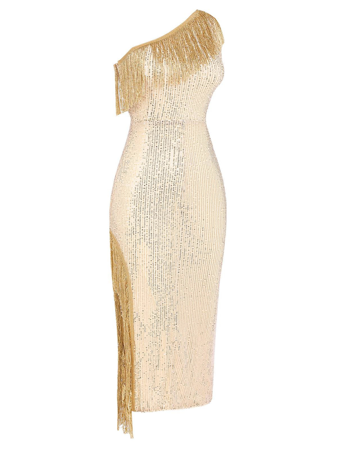Gold 1920s One Shoulder Sequined Tassel Dress, vintage dress, retro fashion, Gatsby party, flapper style - perfect for women who love vintage and retro fashion