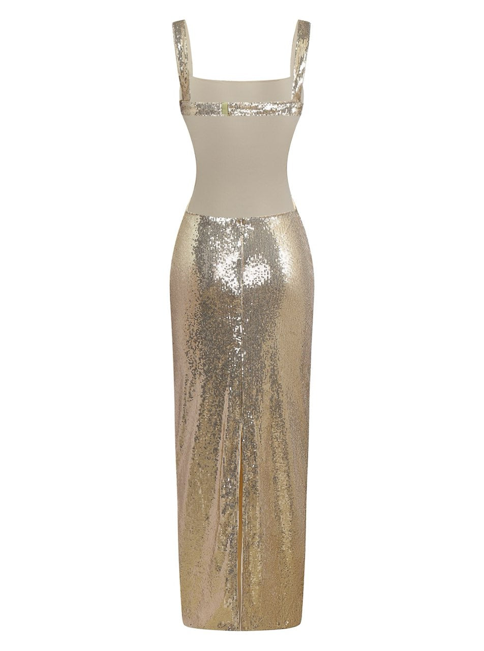 Gold 1920s Sequined Backless Evening Maxi Dress - vintage dress, retro fashion, Gatsby party