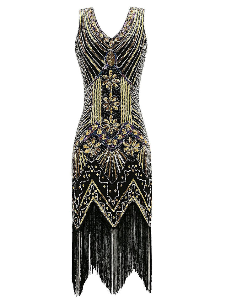 She wears Gold 1920s Sequined Flapper Dress with vintage grace