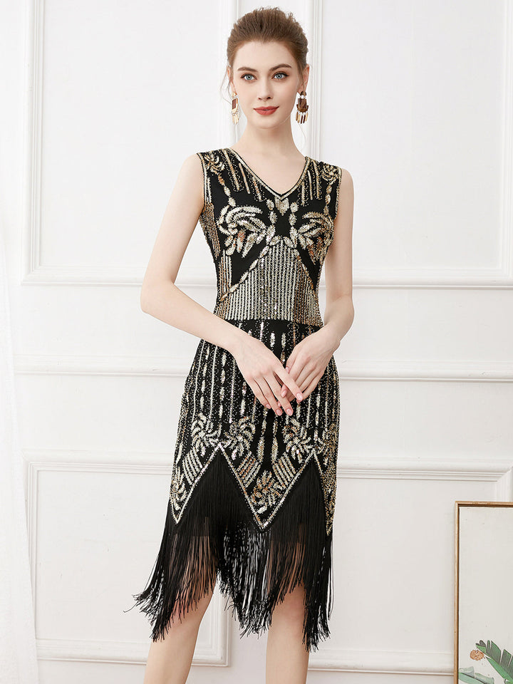 She slips into this Gold 1920s Tassel Sequined Sleeveless Gatsby Dress and suddenly it&