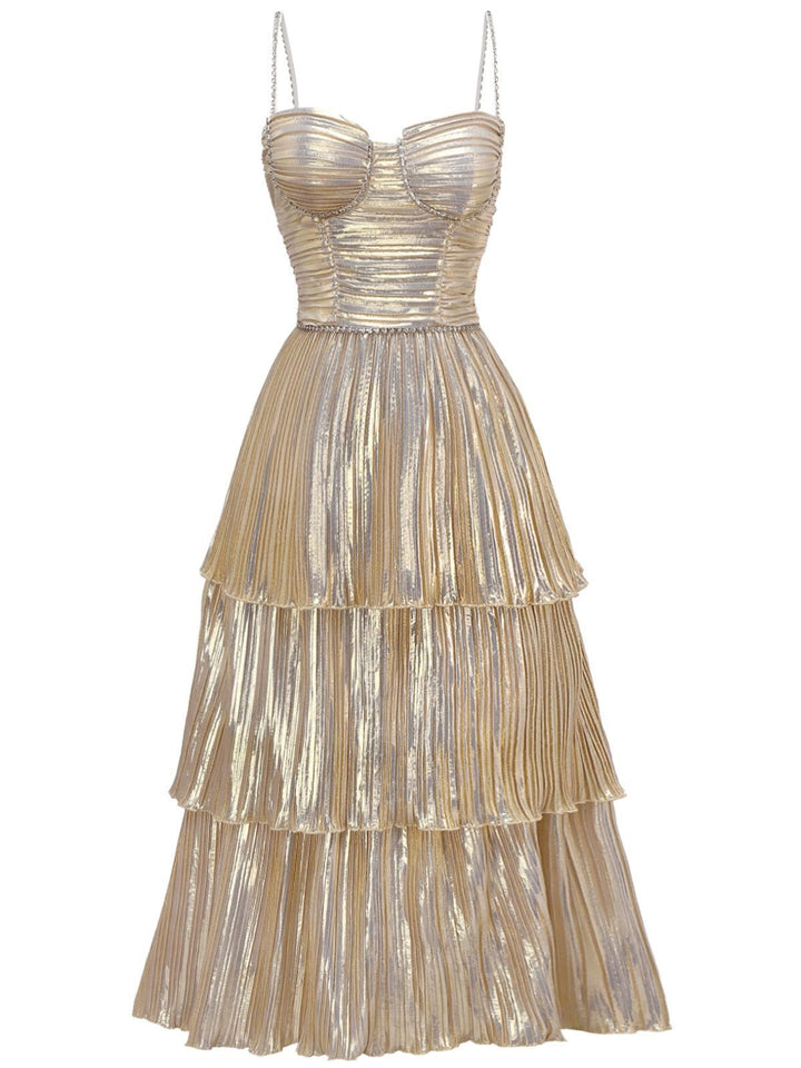 Gold 1930s Metallic Tiered Spaghetti Strap Dress - vintage dress, retro fashion, elegant red