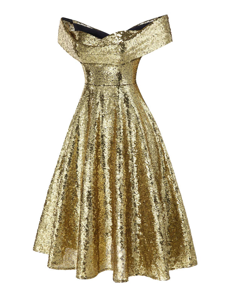 Gold 1950s Off-Shoulder Sequined Swing Dress - vintage dress, retro fashion, rockabilly