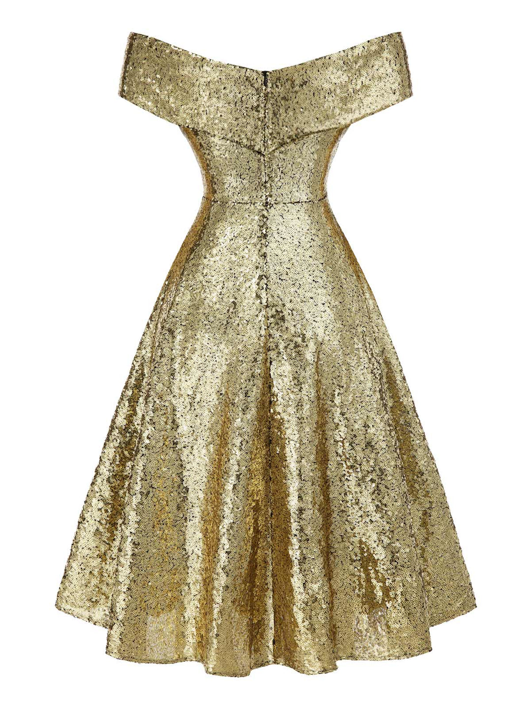 Gold 1950s Off-Shoulder Sequined Swing Dress - vintage dress, retro fashion, rockabilly