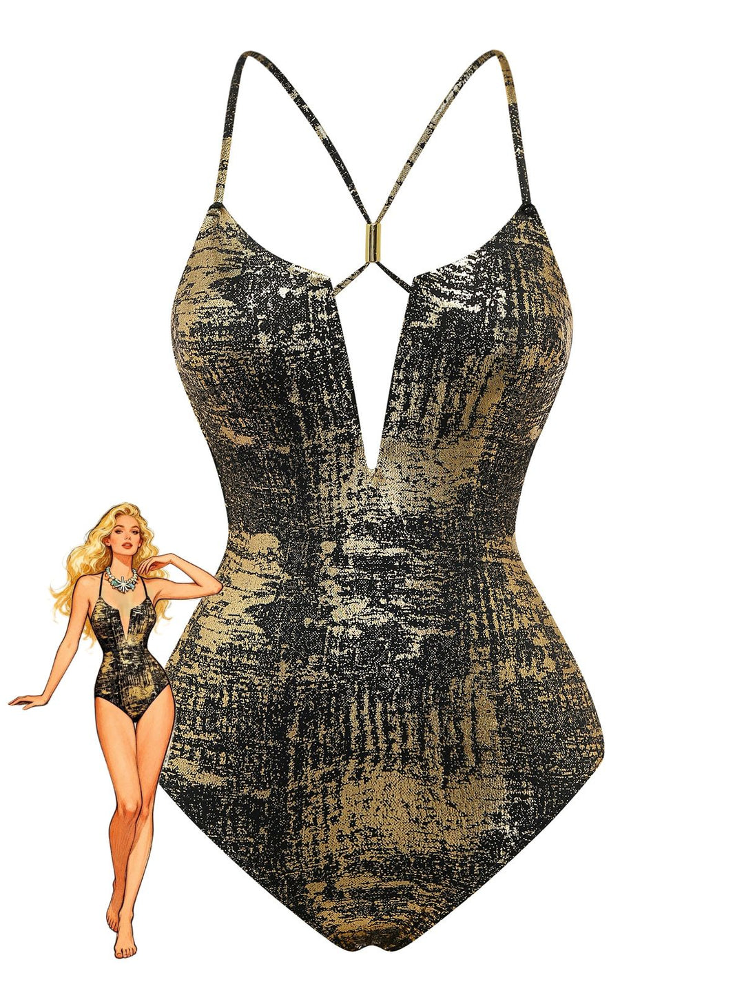 Gold Distressed Metallic Deep V-Neck One-Piece Swimsuit - vintage swimsuit, swimwear for vintage lovers