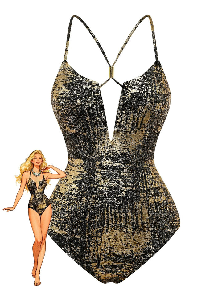 Gold Distressed Metallic Deep V-Neck One-Piece Swimsuit - vintage swimsuit, swimwear for vintage lovers