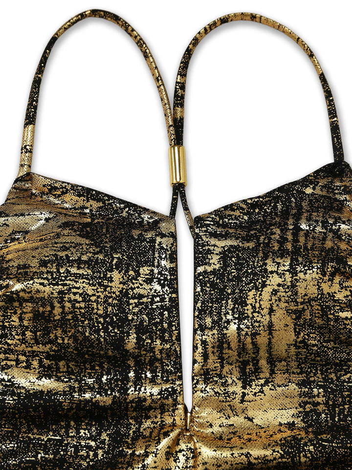 Gold Distressed Metallic Deep V-Neck One-Piece Swimsuit - vintage swimsuit, swimwear for vintage lovers