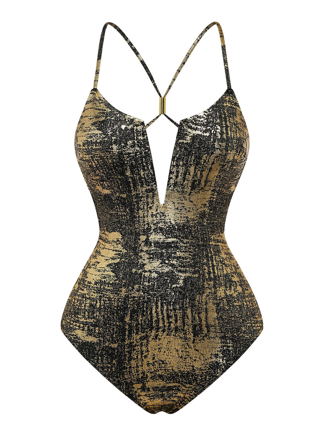 Gold Distressed Metallic Deep V-Neck One-Piece Swimsuit - vintage swimsuit, swimwear for vintage lovers