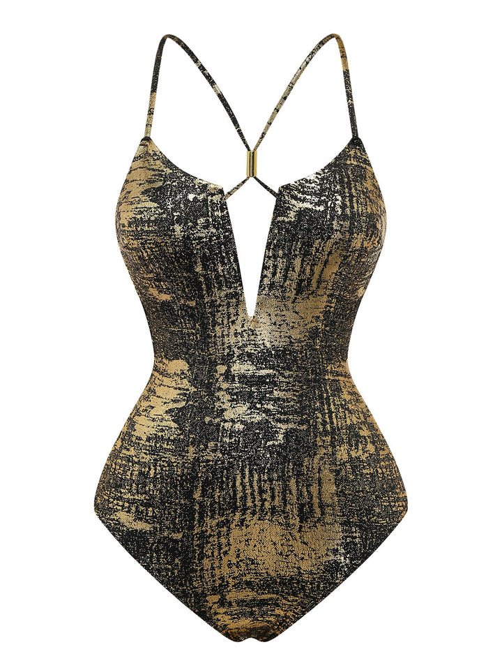 Gold Distressed Metallic Deep V-Neck One-Piece Swimsuit - vintage swimsuit, swimwear for vintage lovers