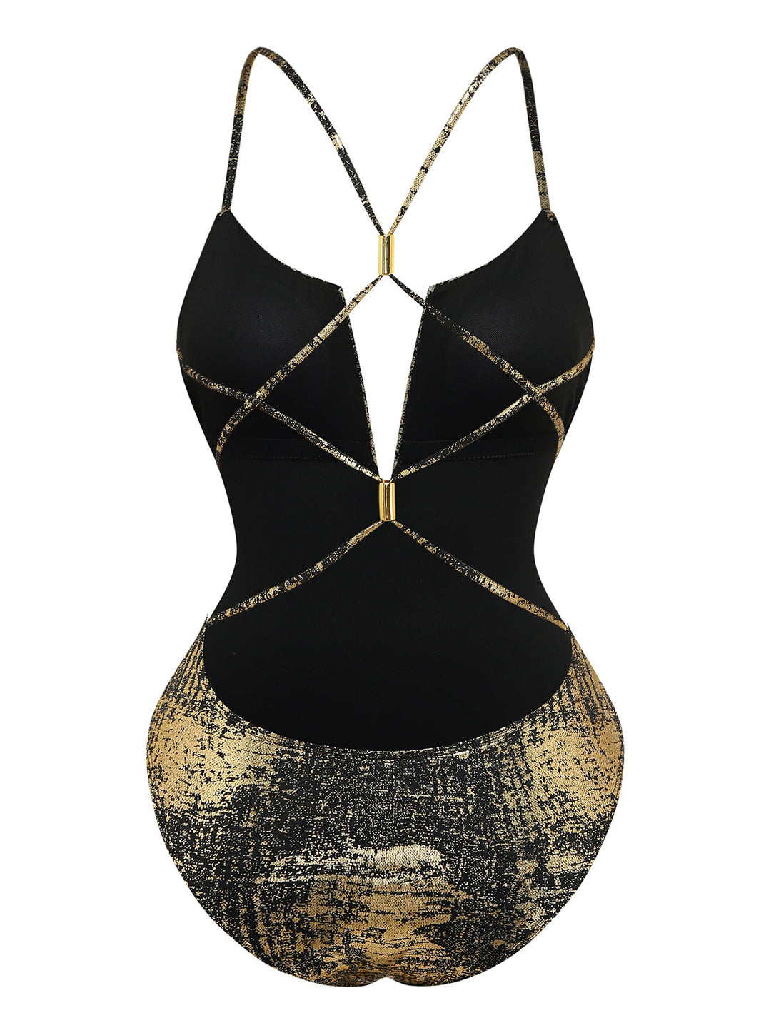Gold Distressed Metallic Deep V-Neck One-Piece Swimsuit - vintage swimsuit, swimwear for vintage lovers