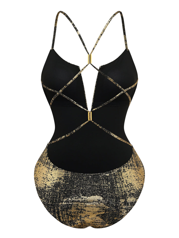 Gold Distressed Metallic Deep V-Neck One-Piece Swimsuit - vintage swimsuit, swimwear for vintage lovers