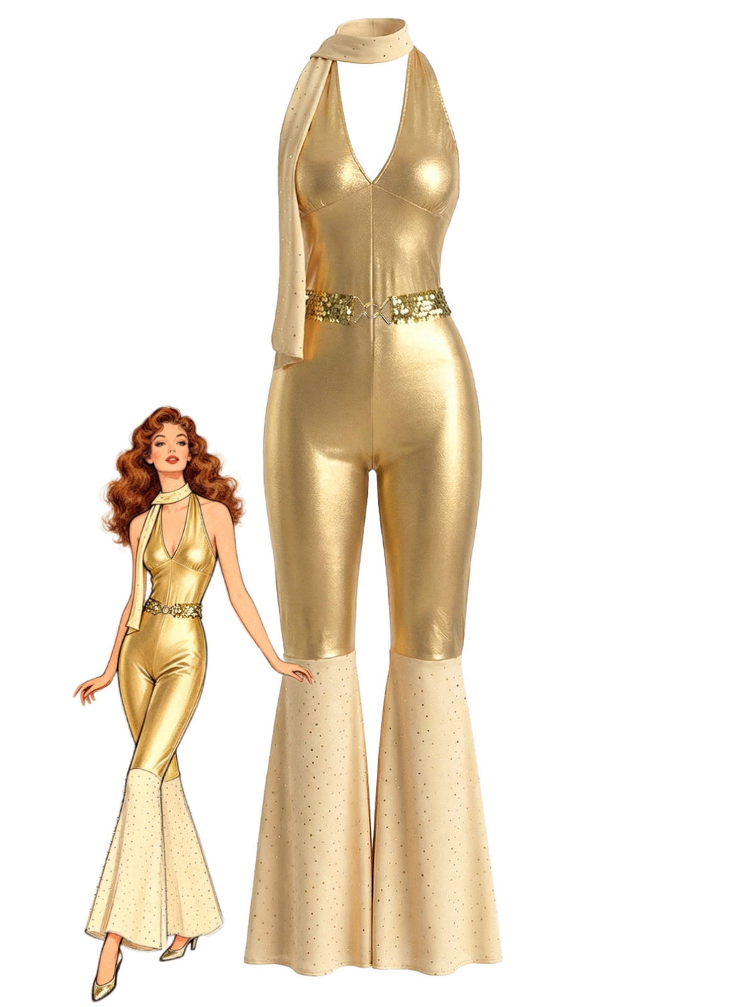Gold 1970s Disco Sequined Halter Flared Jumpsuit - vintage jumpsuit, retro fashion, elegant red
