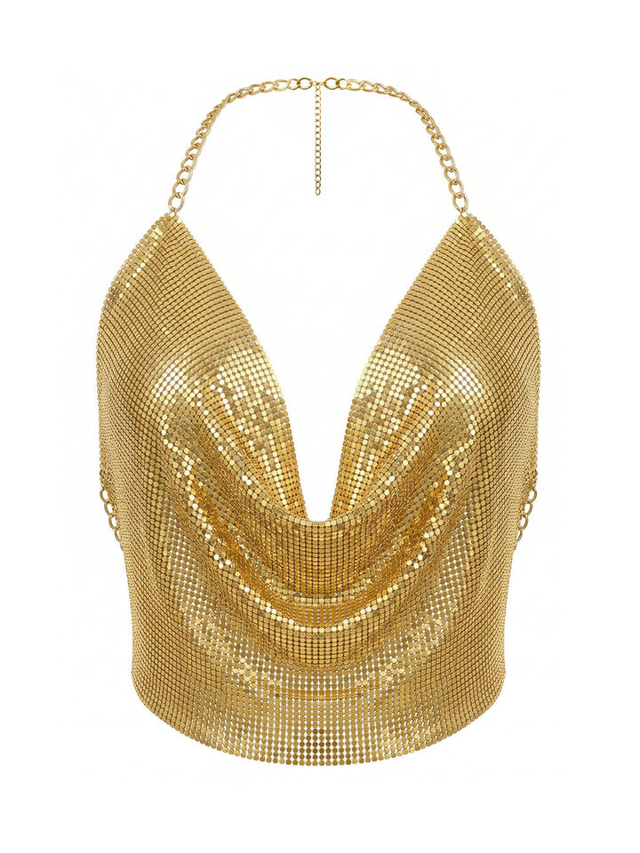 Gold-1970s-Draped-Cowl-Neck-Metallic-Chain-Halter-Top, vintage, retro