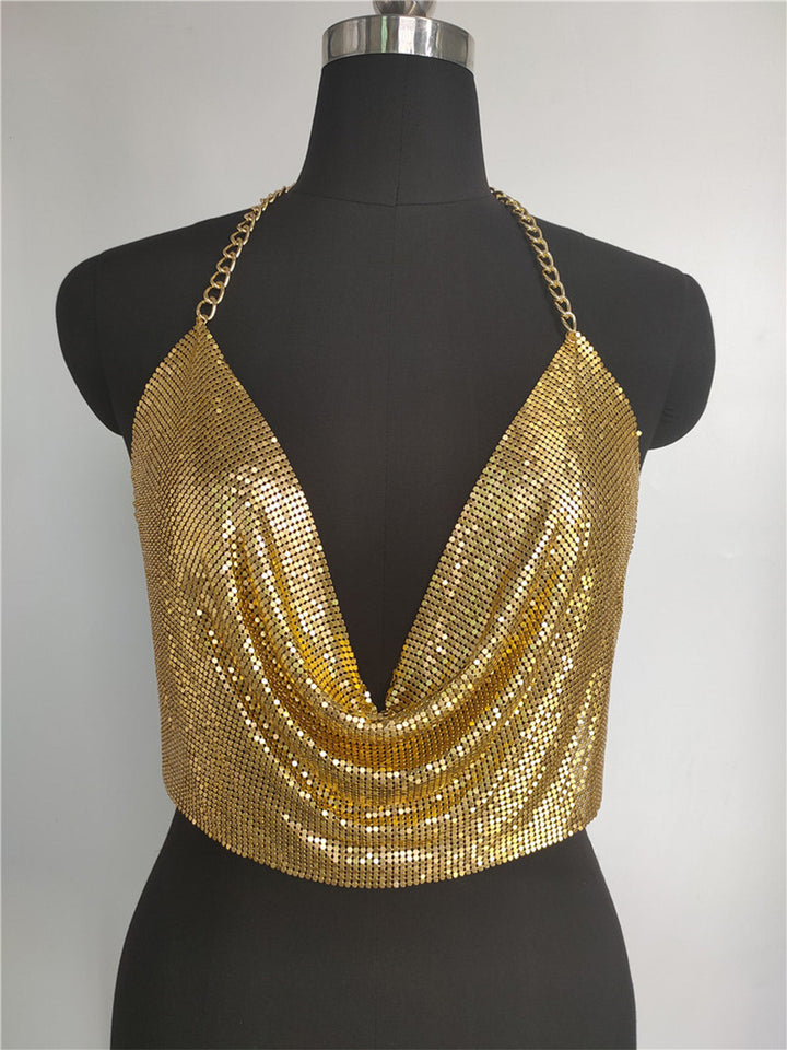 Gold-1970s-Draped-Cowl-Neck-Metallic-Chain-Halter-Top, vintage, retro