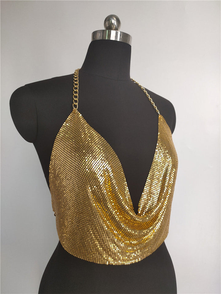 Gold-1970s-Draped-Cowl-Neck-Metallic-Chain-Halter-Top, vintage, retro