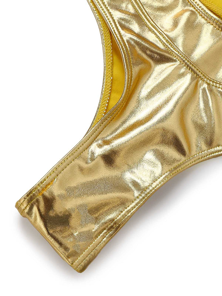 Gold 1970s Metallic High-Waist Bikini Set | vintage swimwear, retro swimsuit, pin-up style - perfect for retro fashion enthusiasts