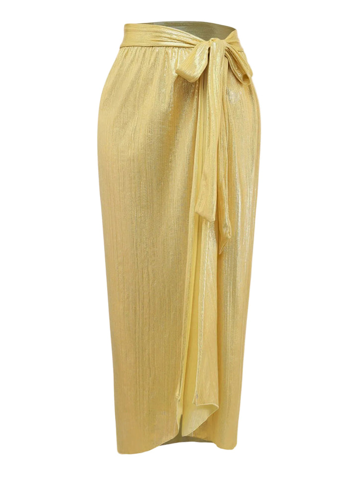 Gold 1980s Metallic Wrap Bow Detail Cover Up - vintage fashion, retro style, glamorous gold