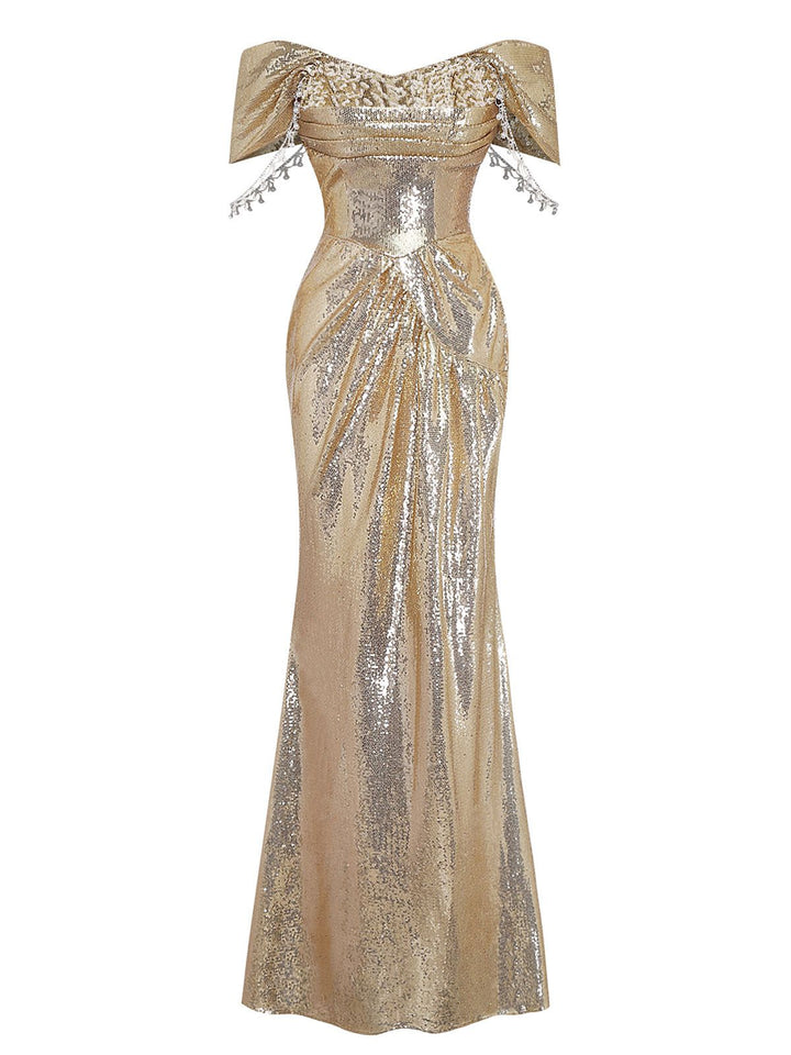 Gold 1980s Off-Shoulder Sequin Party Dress - vintage dress, retro fashion, glamorous gold