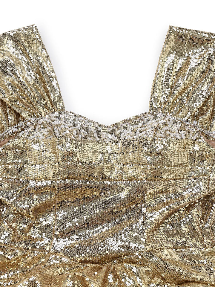 Gold 1980s Off-Shoulder Sequin Party Dress - vintage dress, retro fashion, glamorous gold