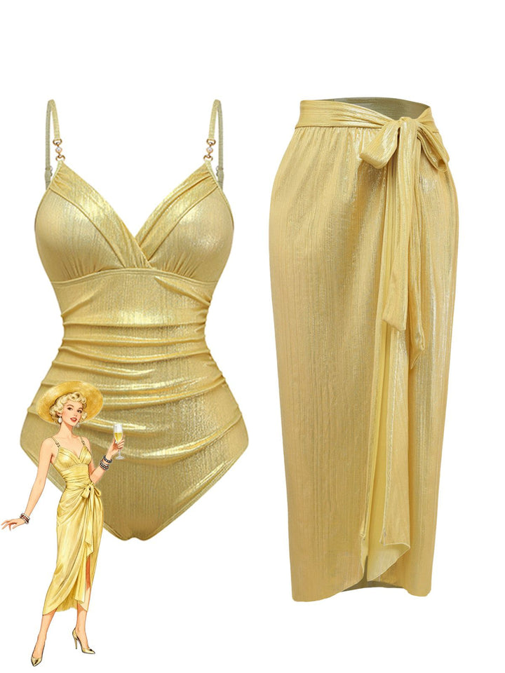 Gold 1980s Ruched One-Piece Swimsuit &amp; Cover Up - vintage swimsuit, pin-up style, glamorous gold