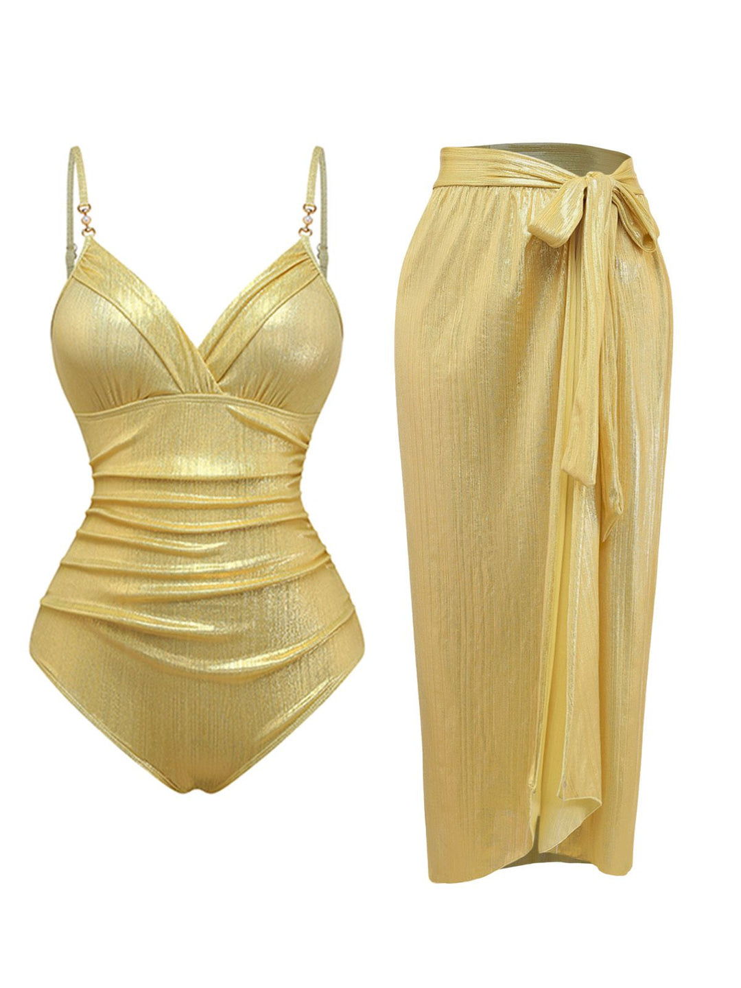 Gold 1980s Ruched One-Piece Swimsuit &amp; Cover Up - vintage swimsuit, pin-up style, glamorous gold