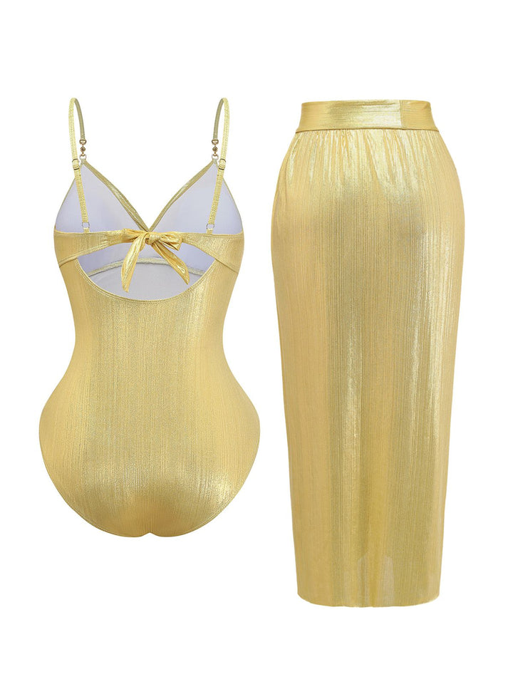 Gold 1980s Ruched One-Piece Swimsuit &amp; Cover Up - vintage swimsuit, pin-up style, glamorous gold