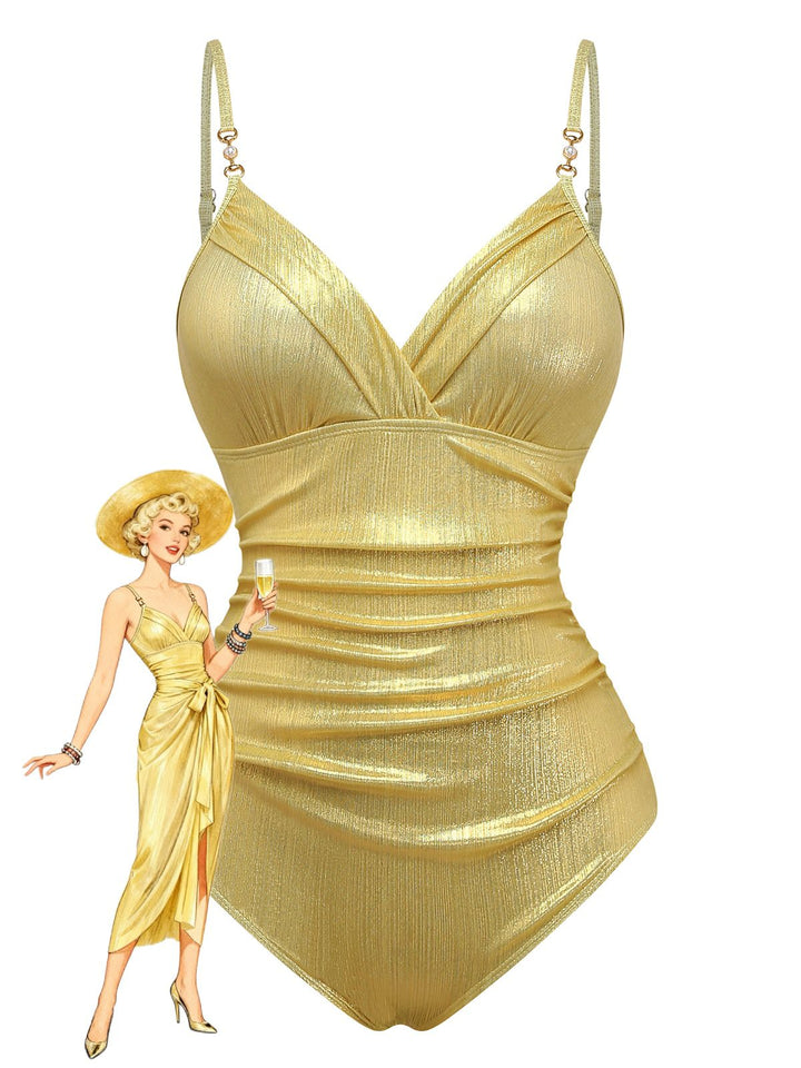 Gold 1980s Ruched One-Piece Swimsuit &amp; Cover Up - vintage swimsuit, pin-up style, glamorous gold