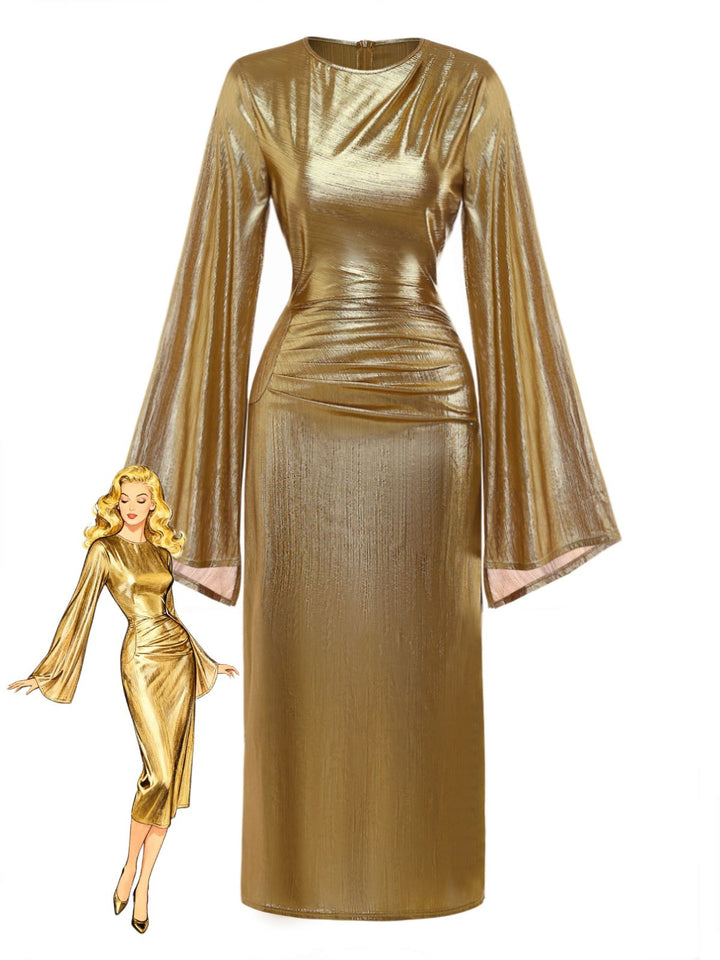 Gold Foil 1970s Batwing Sleeve Waist Ruched Dress - vintage dress, retro fashion, glamorous gold