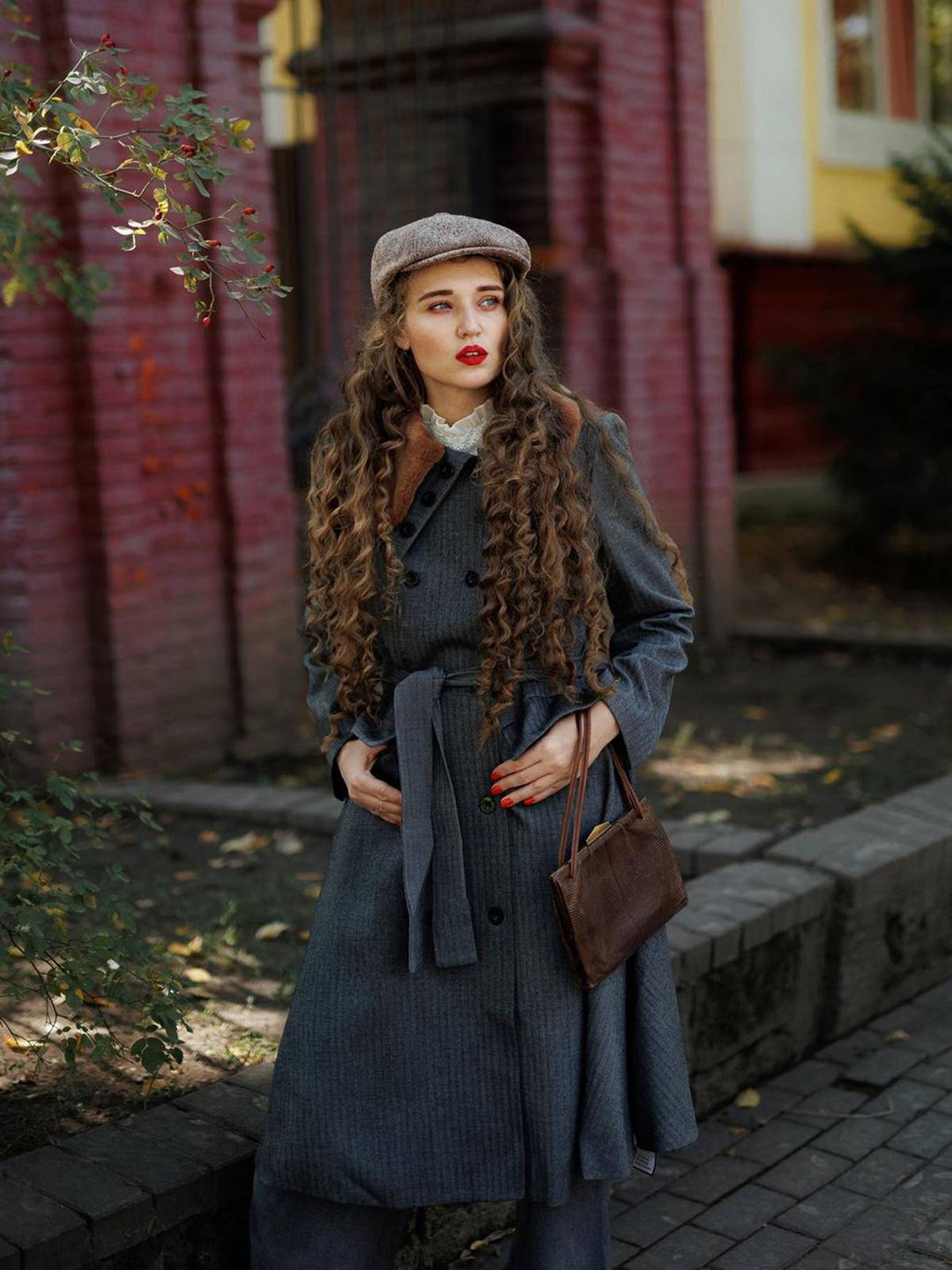 Gray 1930s Faux Fur Lapel Collar Coat - vintage fashion, retro style